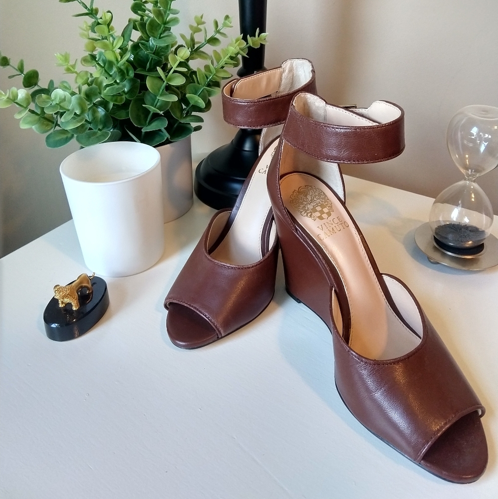 Vince Camuto Marnie Brown Leather Wedge Sandal, Ankle Strap